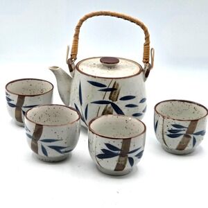 Enesco Japan Ceramic Teapot with 4 Cups Bamboo Design and Bamboo Handle  Vintage